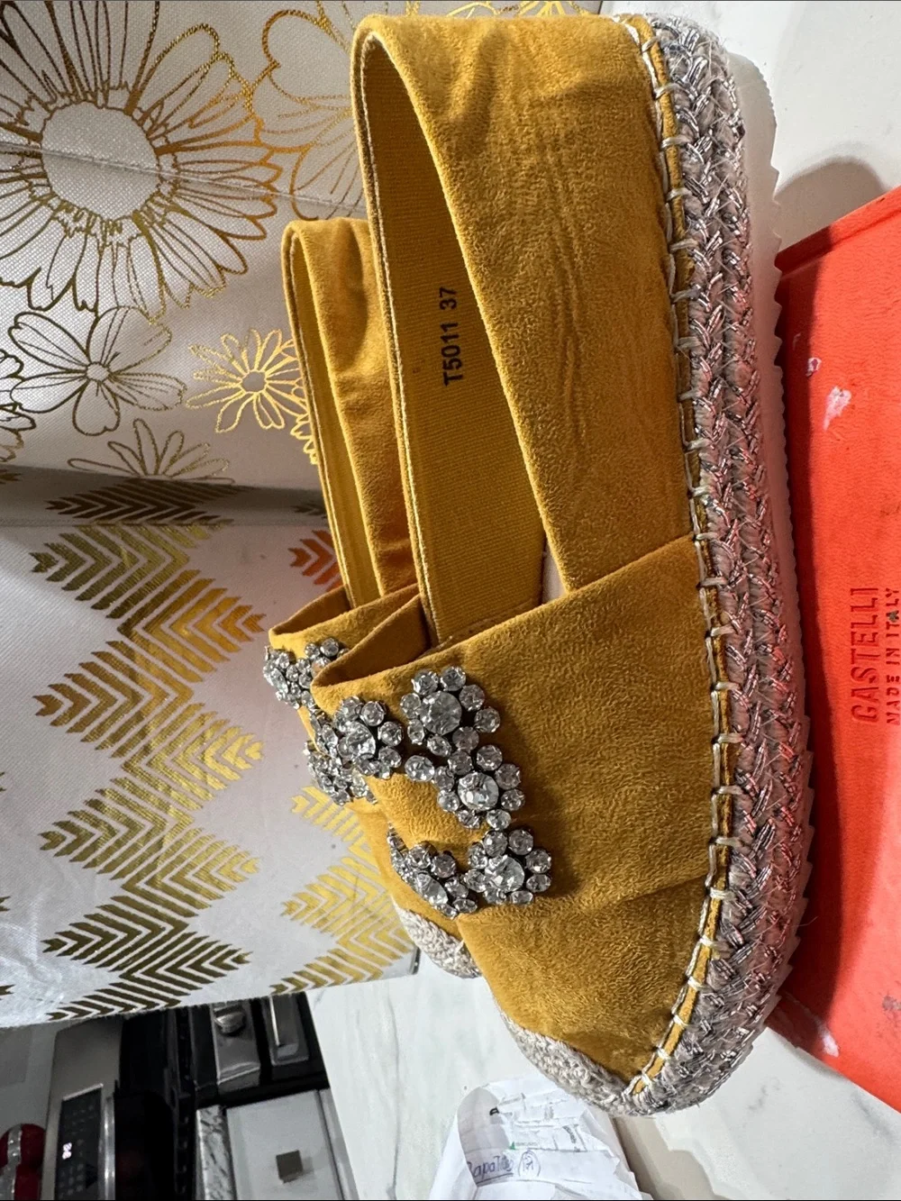 Zapshop Yellow Suede Jeweled Espadrille Loafers